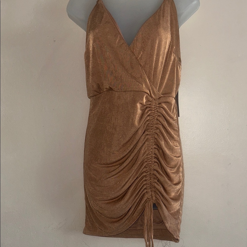 Iris Metallic Tan Ruched Mini Dress